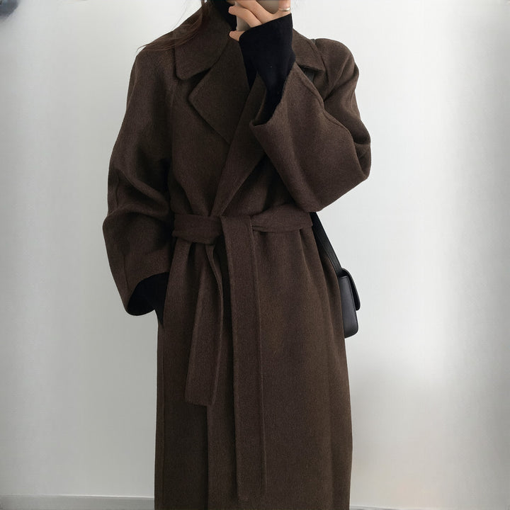 Women's Belted Longline Wrap Coat - brown front