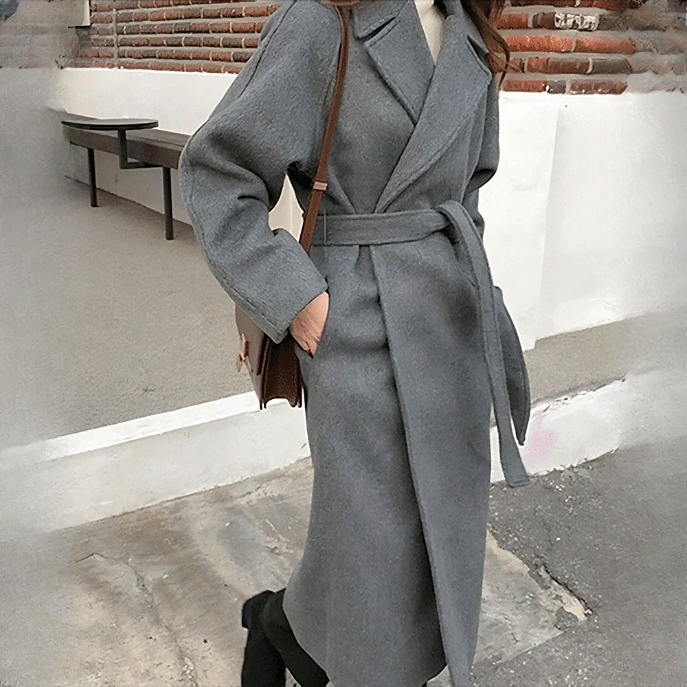 Women's Belted Longline Wrap Coat - dark grey styled