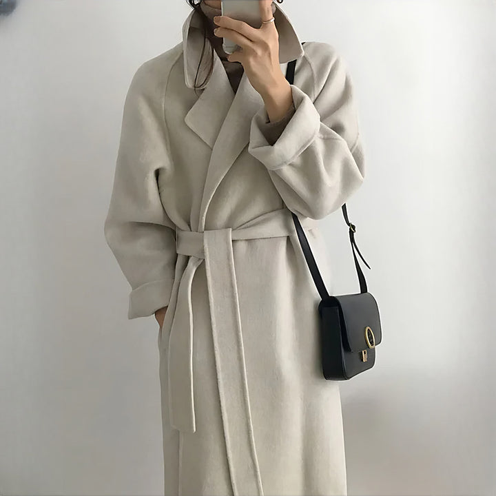 Women's Belted Longline Wrap Coat - off-white