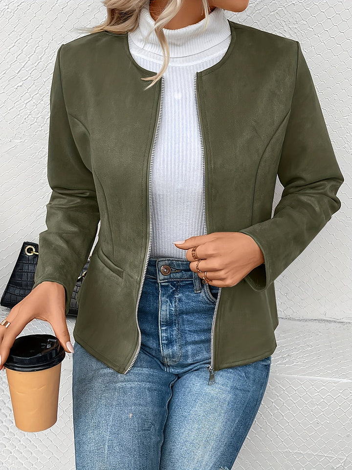 Women's plus size collarless zip-up short jacket