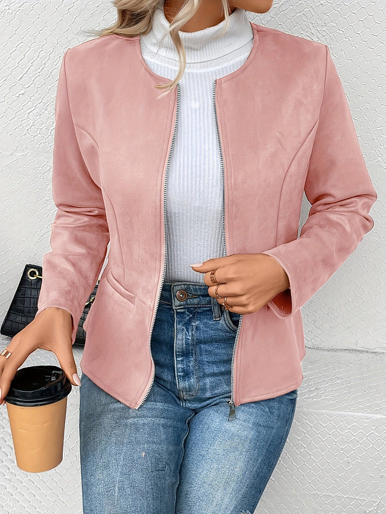 Women's plus size collarless zip-up short jacket