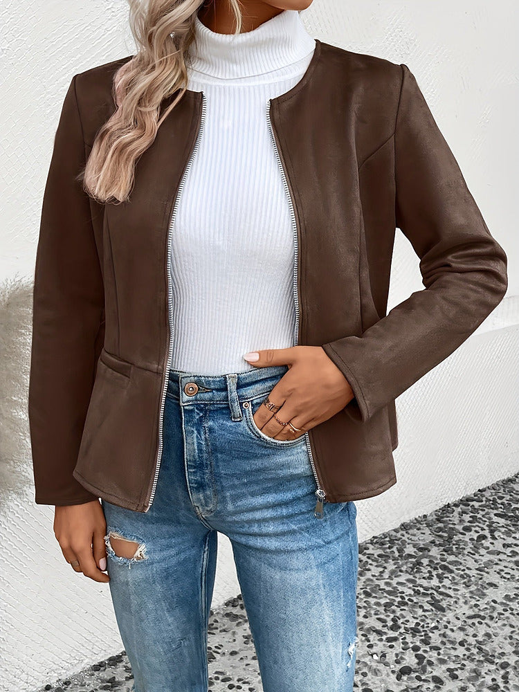 Women's plus size collarless zip-up short jacket