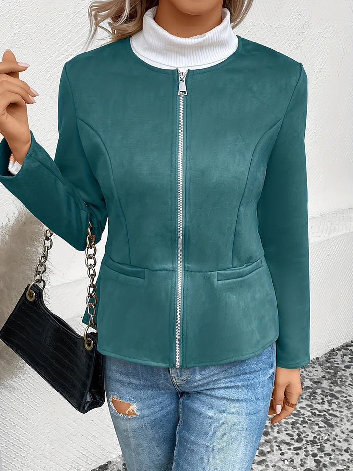 Women's plus size collarless zip-up short jacket