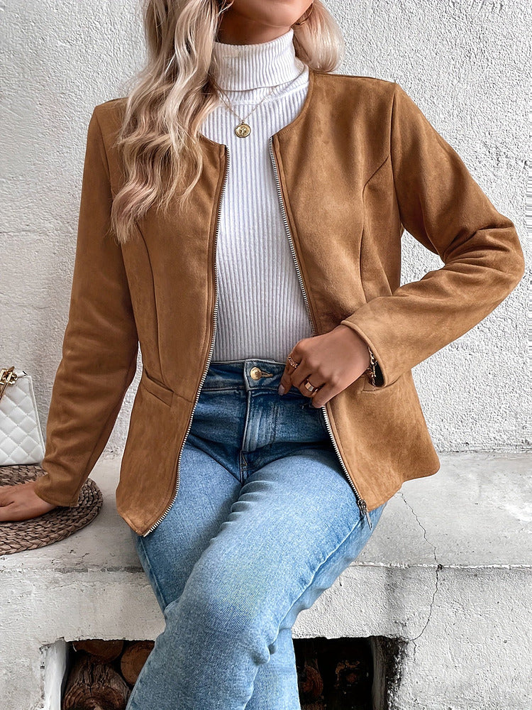 Women's plus size collarless zip-up short jacket