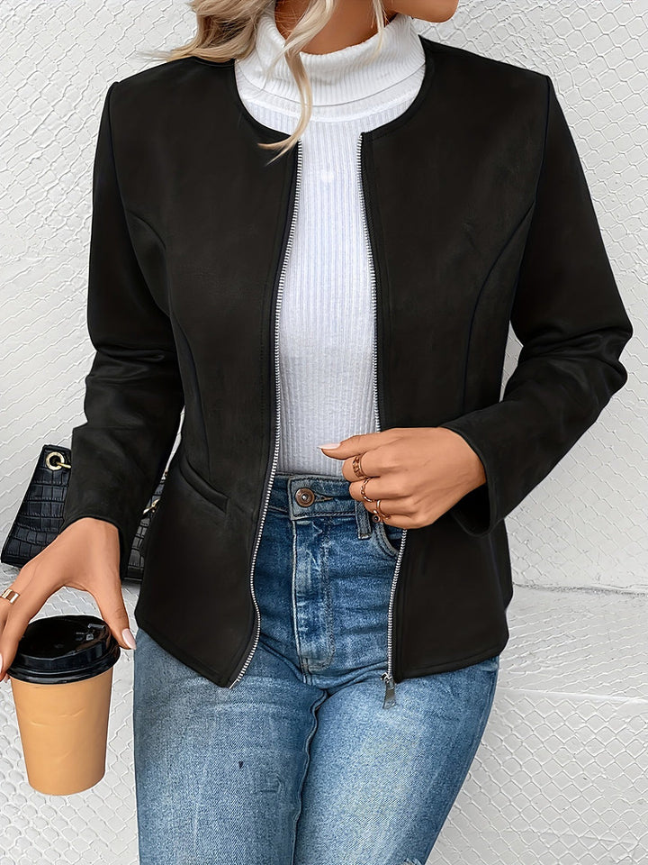 Women's plus size collarless zip-up short jacket