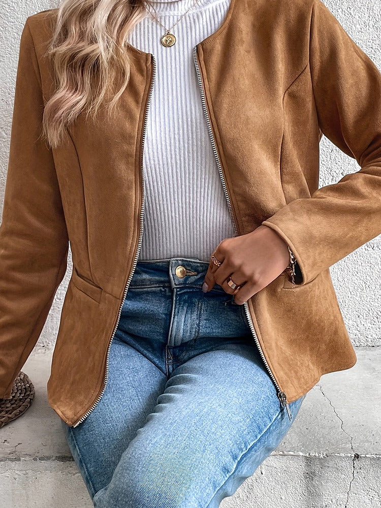Women's plus size collarless zip-up short jacket