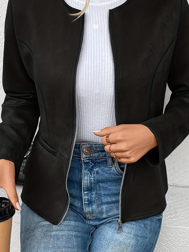 Women's plus size collarless zip-up short jacket