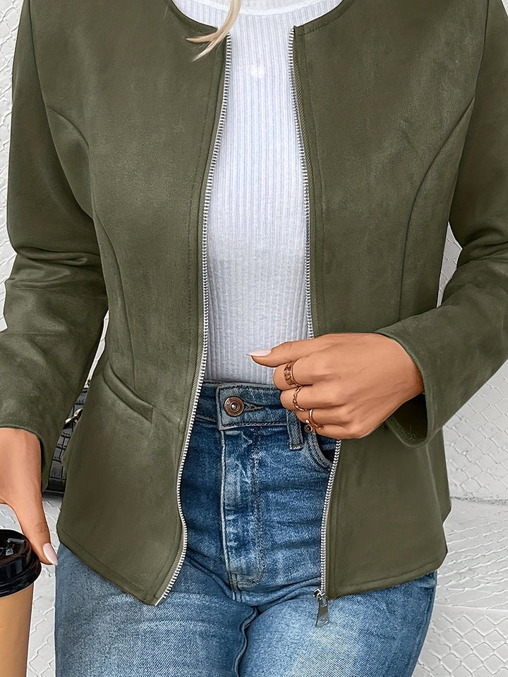 Women's plus size collarless zip-up short jacket