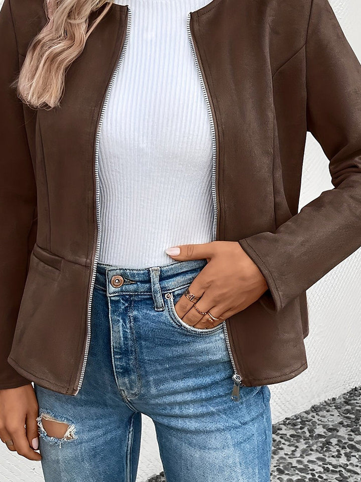 Women's plus size collarless zip-up short jacket