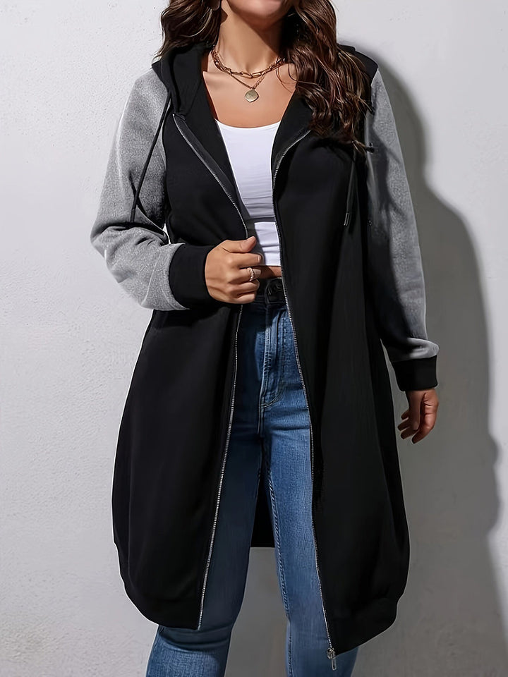 Women's plus size colour block longline zip-up hooded jacket