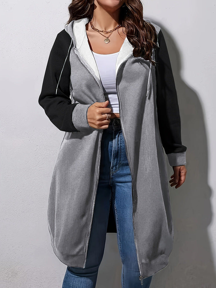 Women's plus size colour block longline zip-up hooded jacket