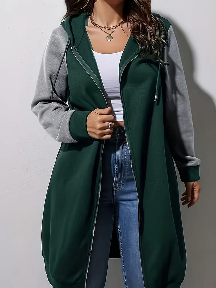 Women's plus size colour block longline zip-up hooded jacket