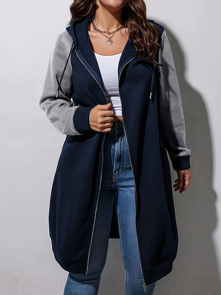 Women's plus size colour block longline zip-up hooded jacket
