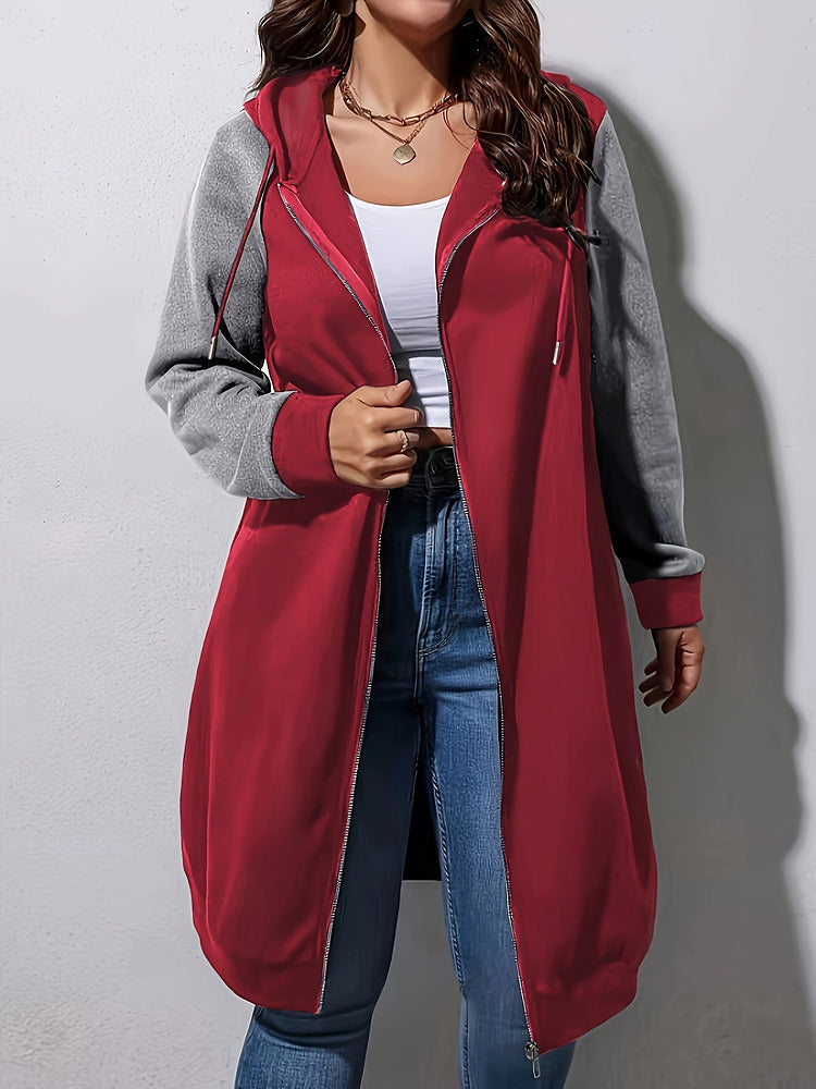 Women's plus size colour block longline zip-up hooded jacket