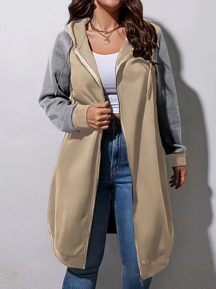Women's plus size colour block longline zip-up hooded jacket