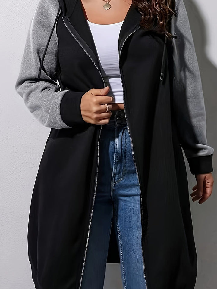 Women's plus size colour block longline zip-up hooded jacket