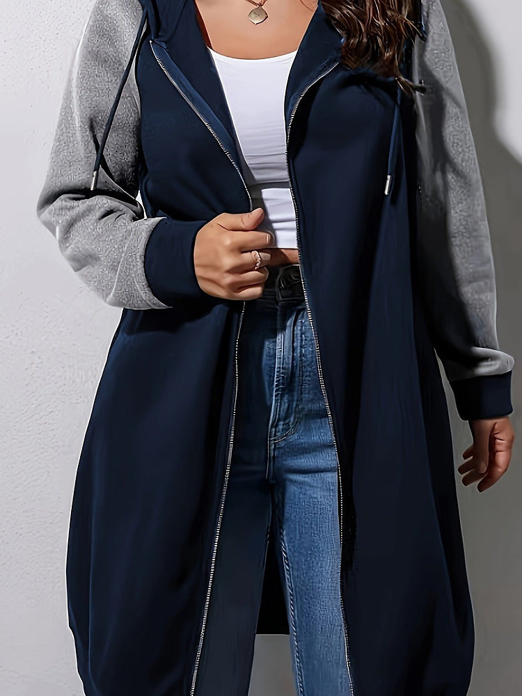 Women's plus size colour block longline zip-up hooded jacket