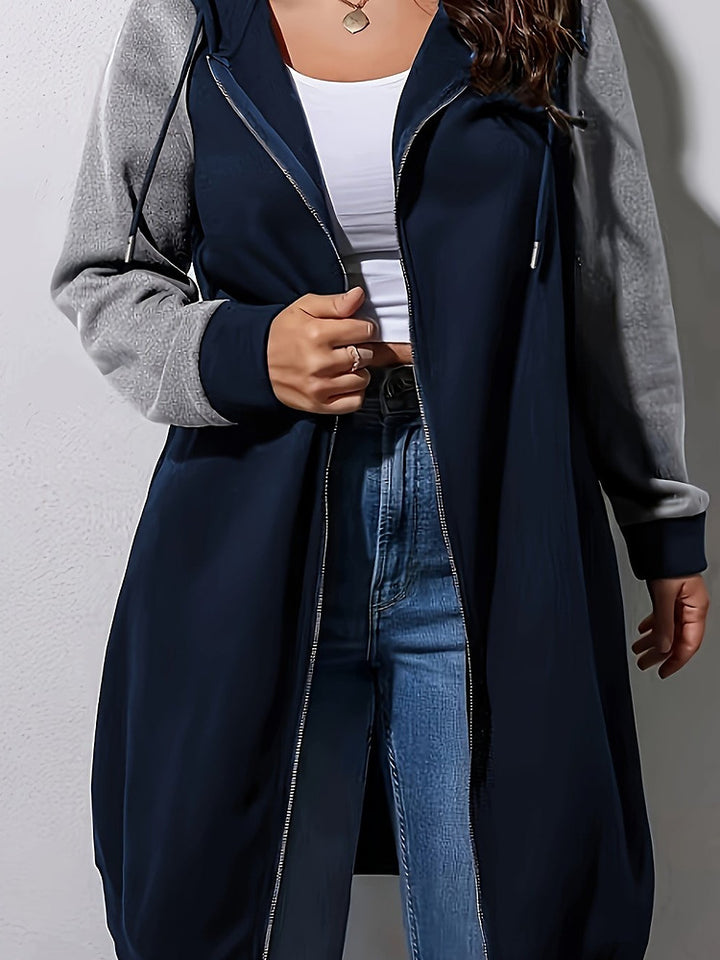 Women's plus size colour block longline zip-up hooded jacket
