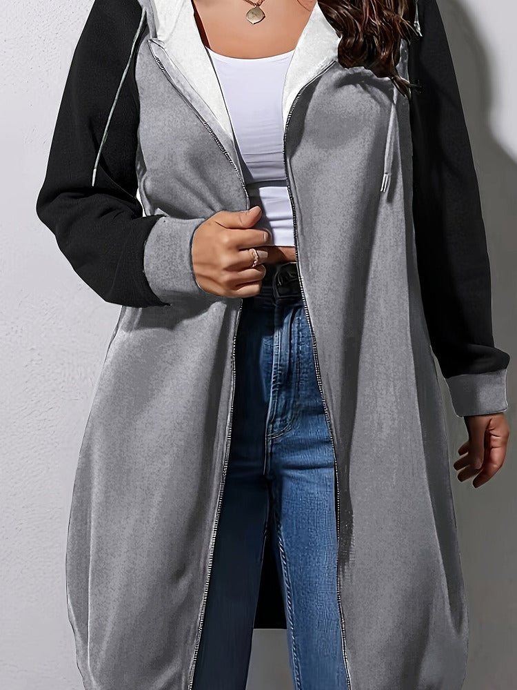 Women's plus size colour block longline zip-up hooded jacket