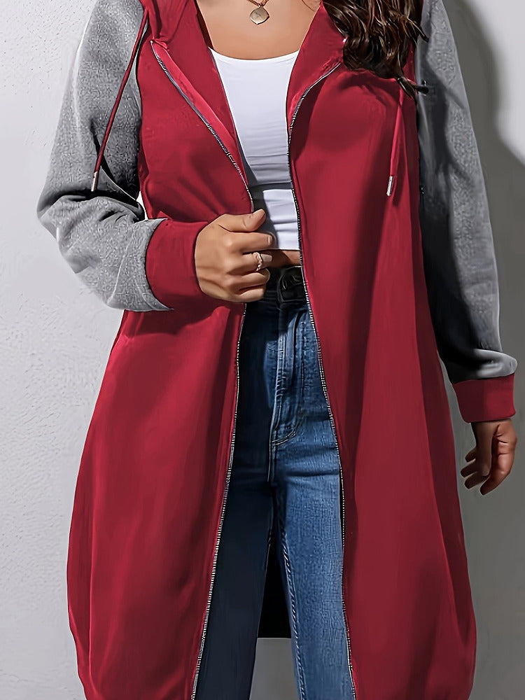 Women's plus size colour block longline zip-up hooded jacket