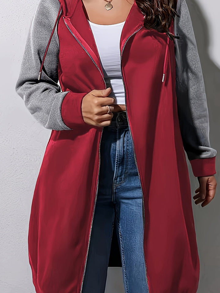 Women's plus size colour block longline zip-up hooded jacket
