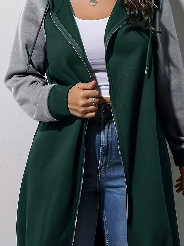 Women's plus size colour block longline zip-up hooded jacket