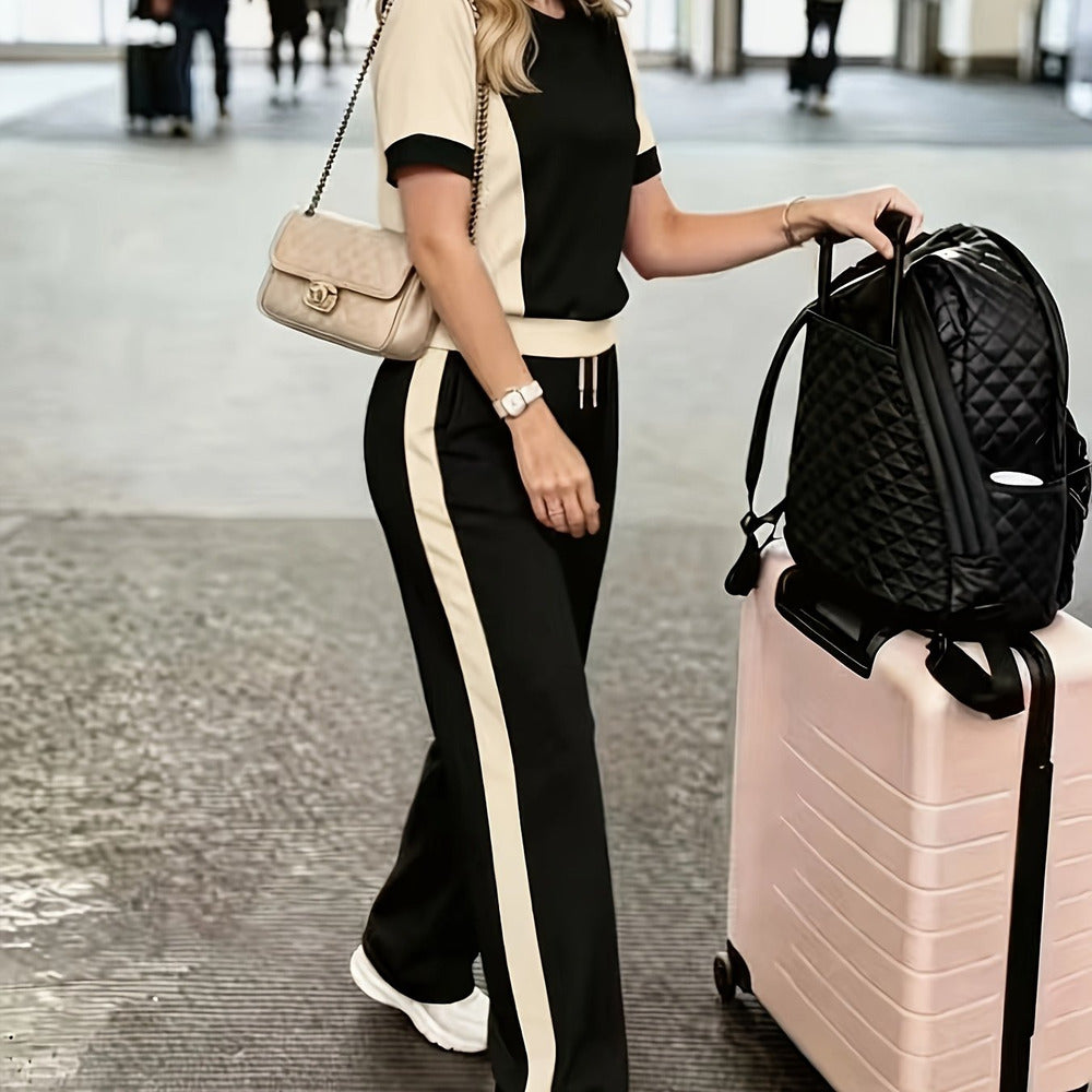 Women's colour-block top and trousers set in black
