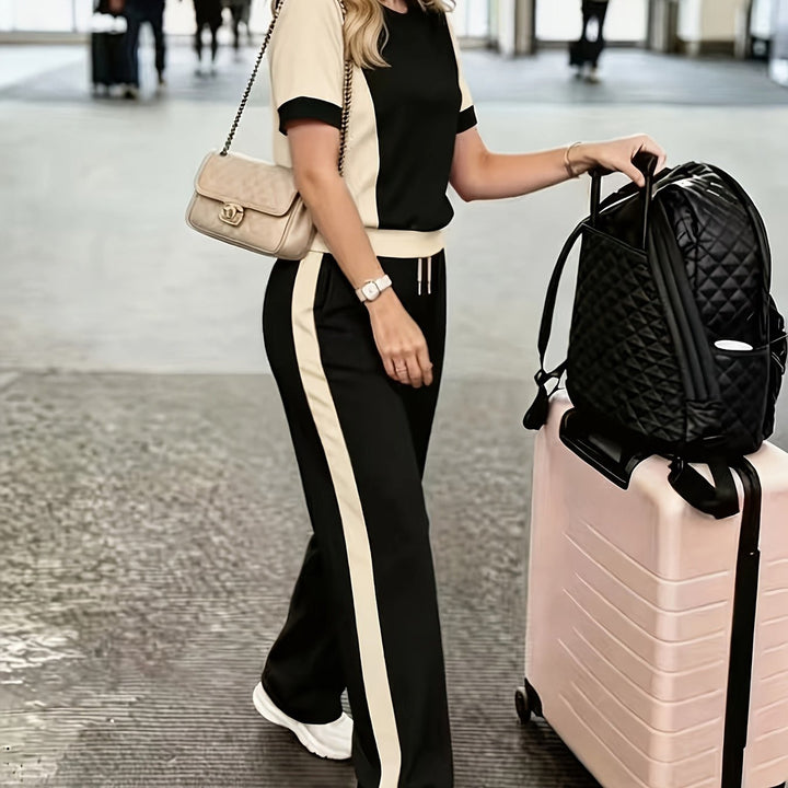 Women's colour-block top and trousers set in black