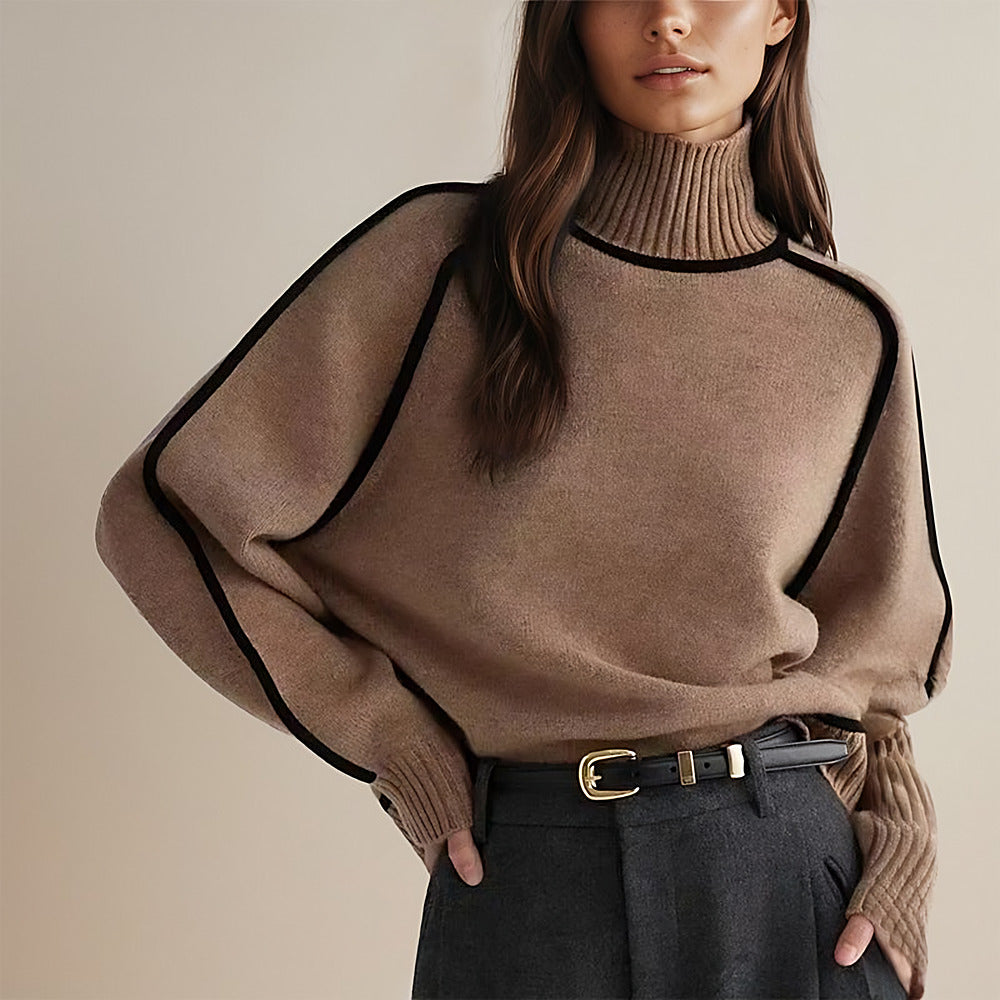 Women's Colour-Block Turtleneck Jumper - brown front