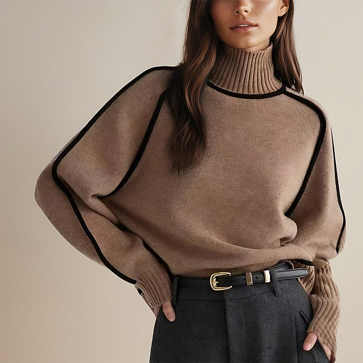 Women's Colour-Block Turtleneck Jumper - brown front