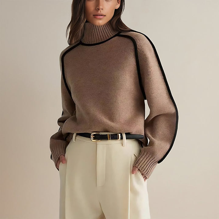 Women's Colour-Block Turtleneck Jumper - brown side