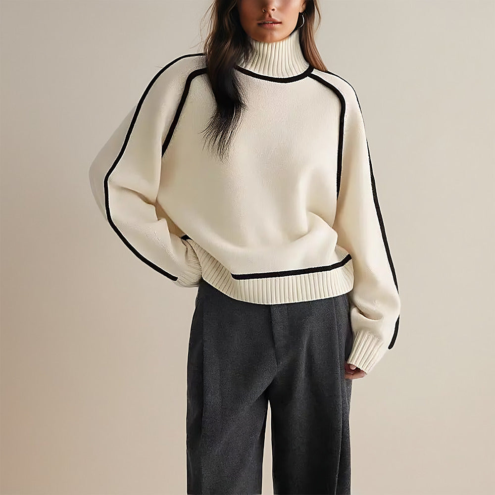 Women's Colour-Block Turtleneck Jumper - cream side