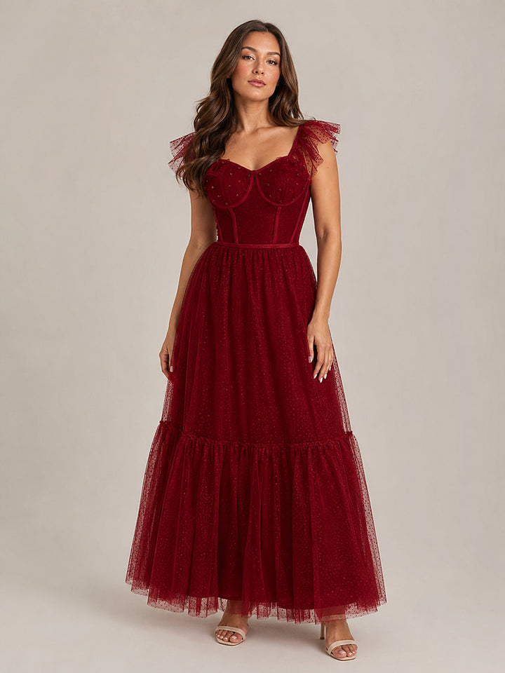 Women's burgundy corset bodice maxi party dress with tulle skirt
