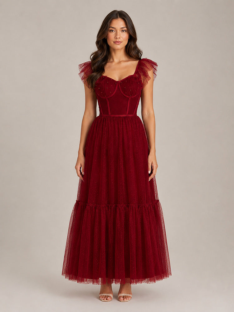 Women's burgundy corset bodice maxi party dress with tulle skirt