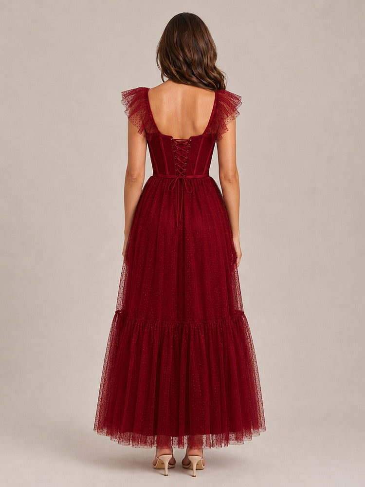 Women's burgundy corset bodice maxi party dress with tulle skirt