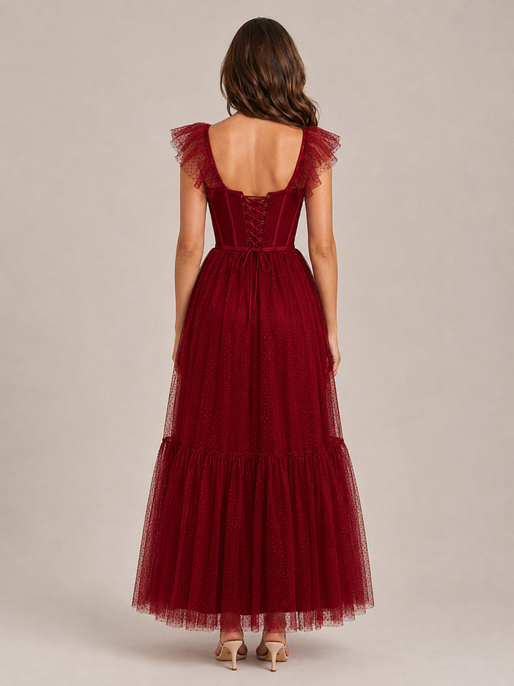 Women's burgundy corset bodice maxi party dress with tulle skirt