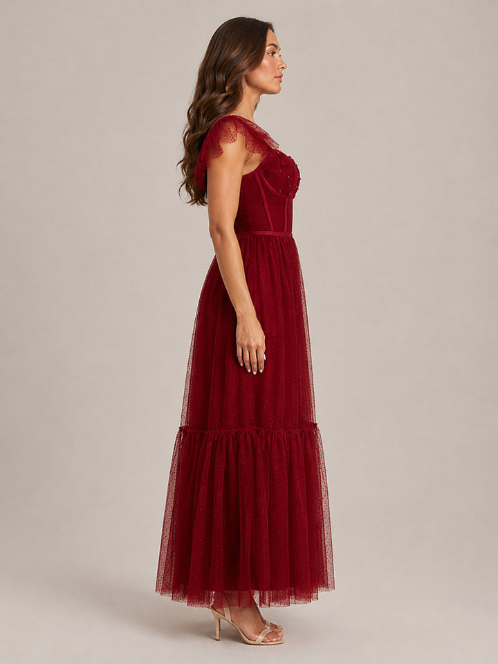 Women's burgundy corset bodice maxi party dress with tulle skirt