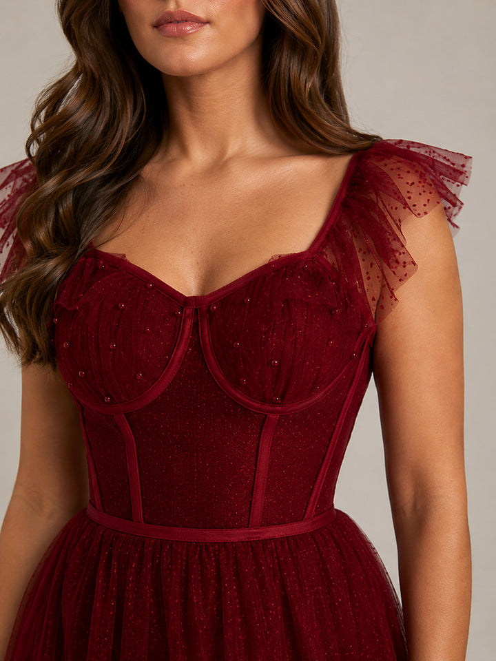 Women's burgundy corset bodice maxi party dress with tulle skirt