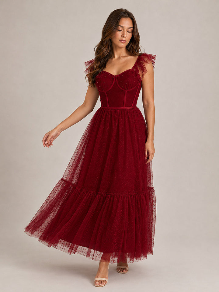 Women's burgundy corset bodice maxi party dress with tulle skirt