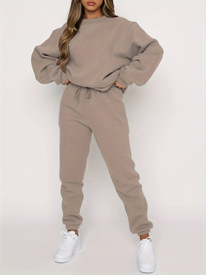 Women's drop shoulder sweatshirt and jogger set in beige