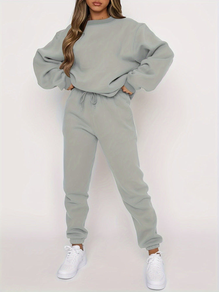 Women's drop shoulder sweatshirt and jogger set in sage grey