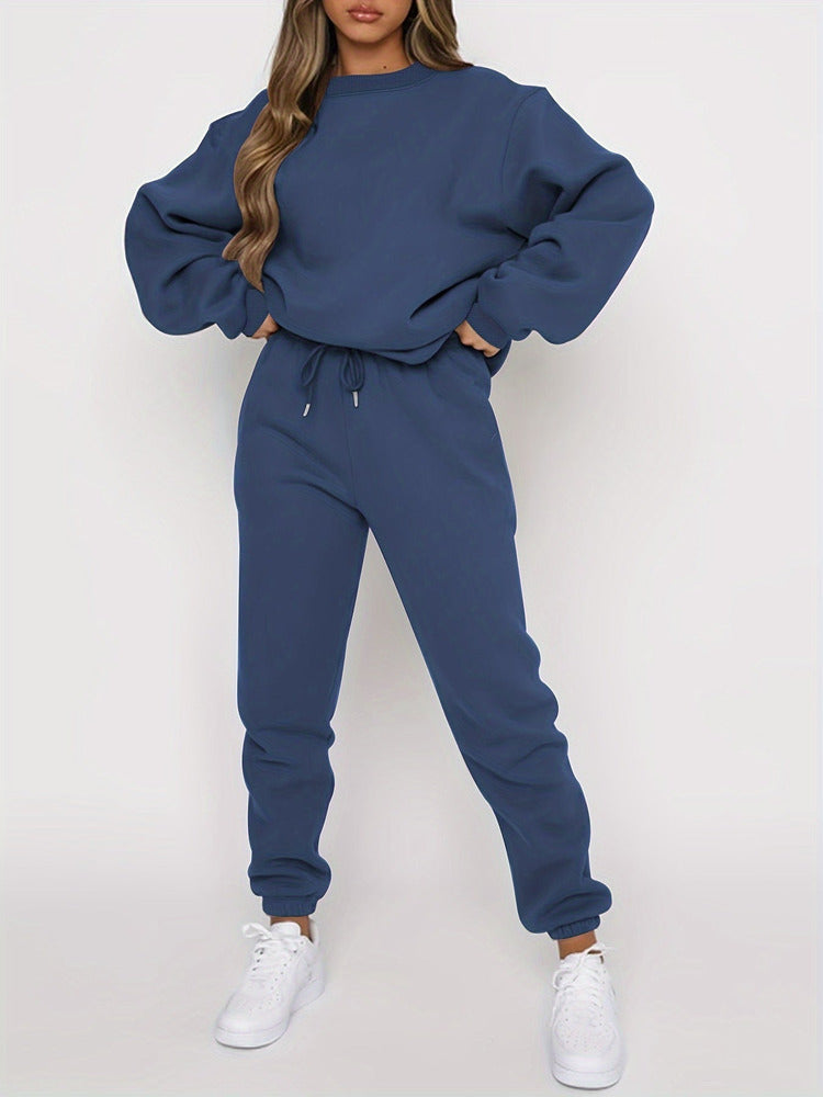 Women's drop shoulder sweatshirt and jogger set in navy blue