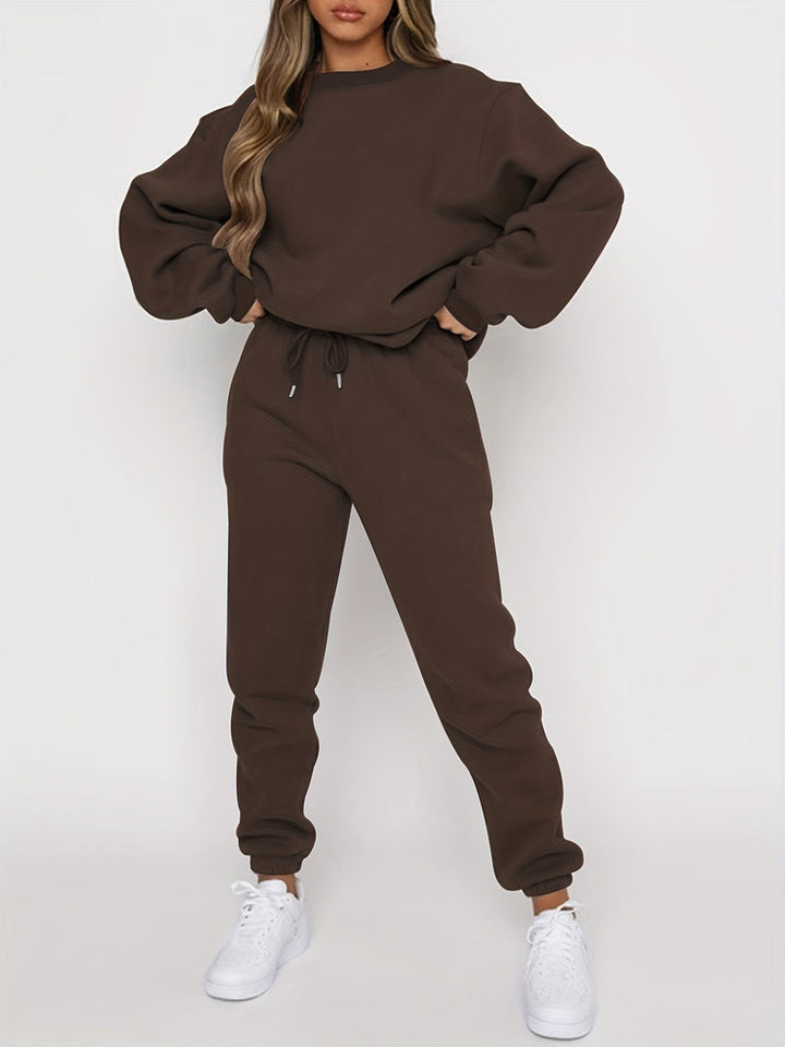 Women's drop shoulder sweatshirt and jogger set in coffee