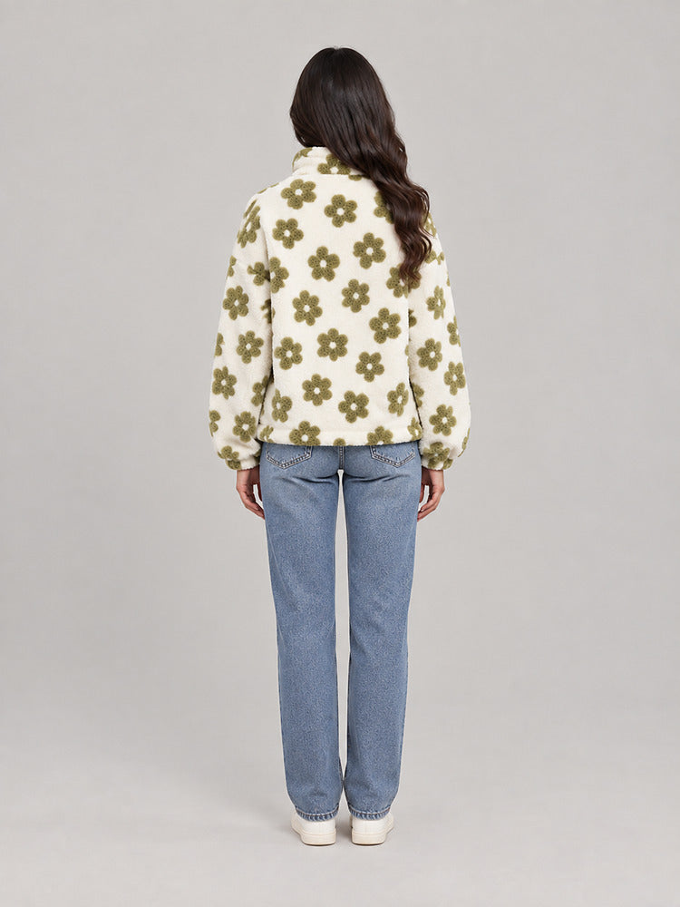Women's floral plush half zip jumper with a lapel collar