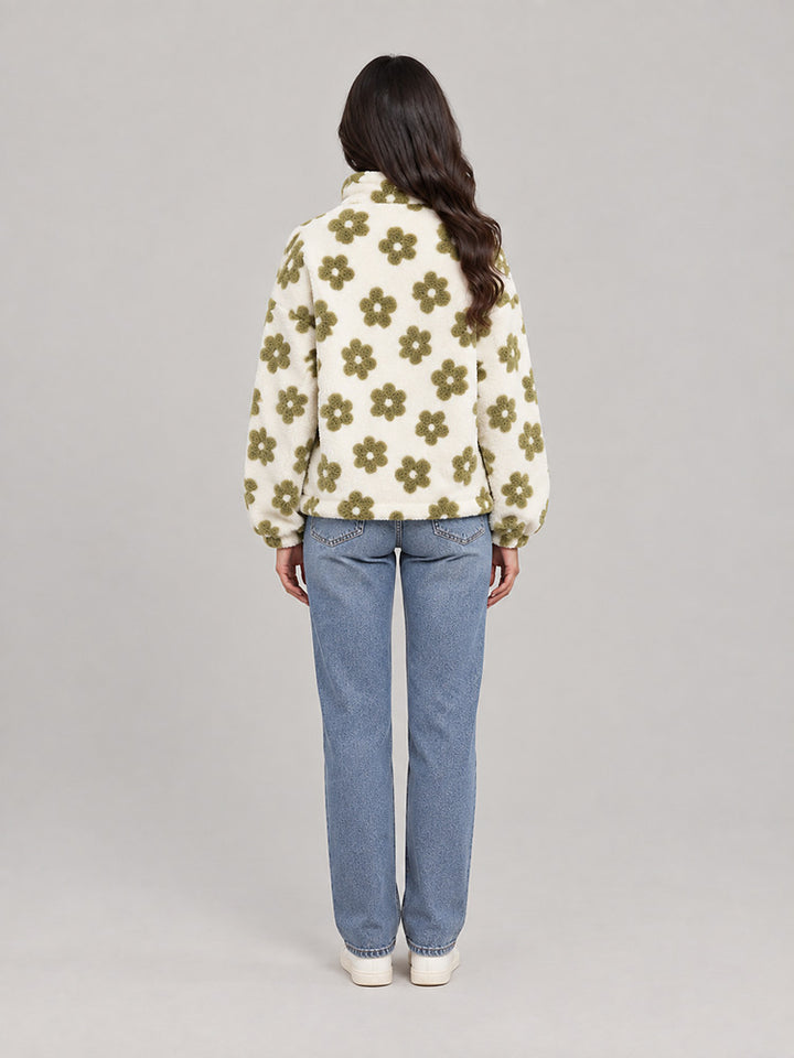 Women's floral plush half zip jumper with a lapel collar