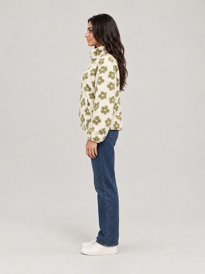 Women's floral plush half zip jumper with a lapel collar