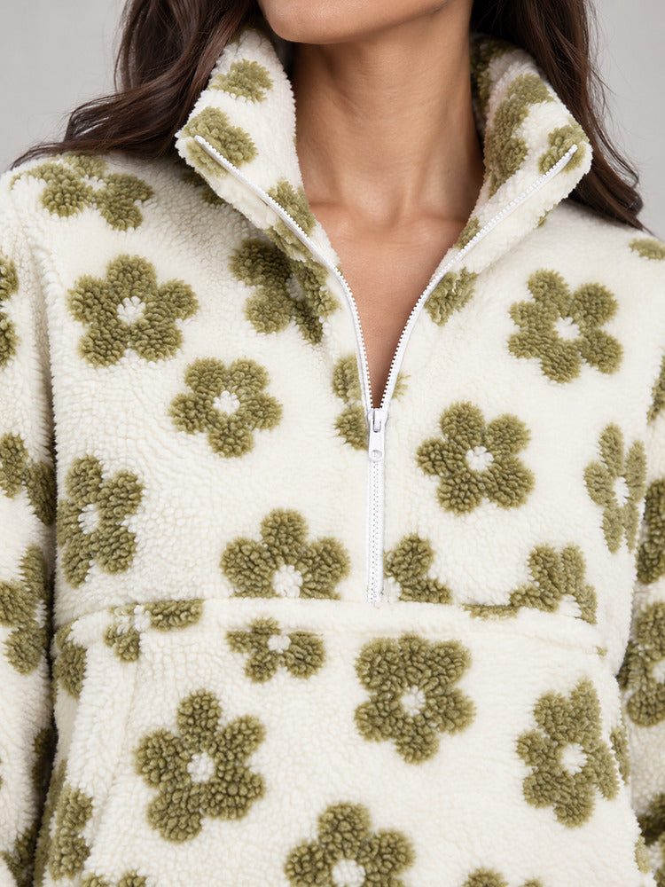 Women's floral plush half zip jumper with a lapel collar