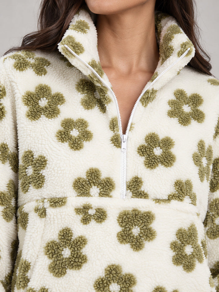 Women's floral plush half zip jumper with a lapel collar