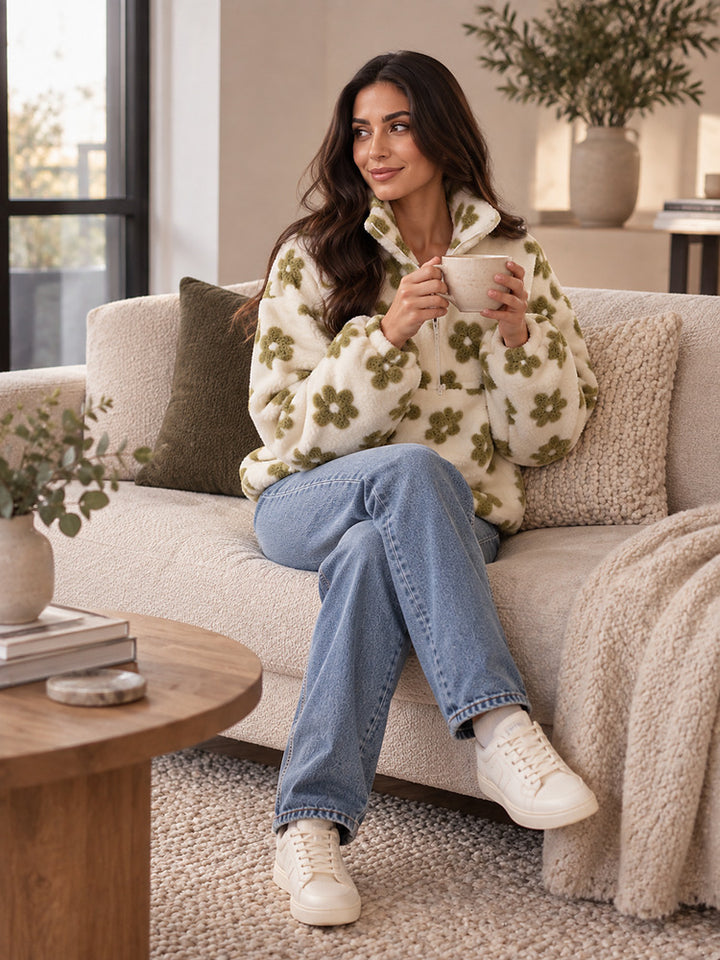 Women's floral plush half zip jumper with a lapel collar