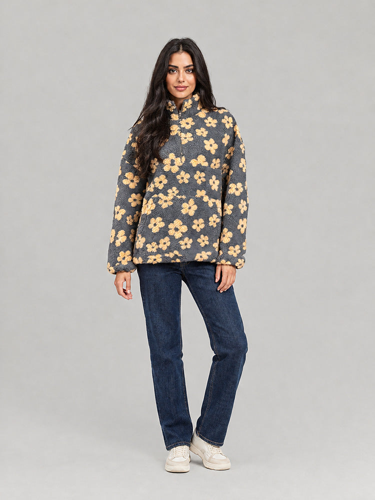 Women's floral plush half zip jumper with a lapel collar in grey